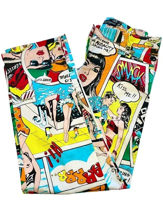 Dolce & Gabbana Comic Print Pants Multicolor Pop Art Slim Fit Statement ~Sz 4 US - Picture 5 of 10